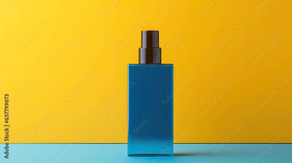 Poster Front view mockup template of a blue rectangular spray perfume bottle on a yellow background with copy space