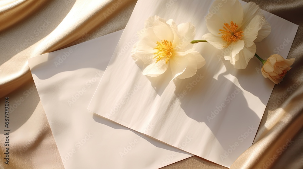 Aufkleber flat lay template for minimal brand with blank paper cards poppy flower and sunlight shadow on crump
