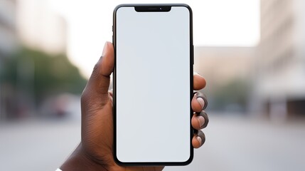African American man holding a new black smartphone with a blank screen Blank copy space for text. Mockup image