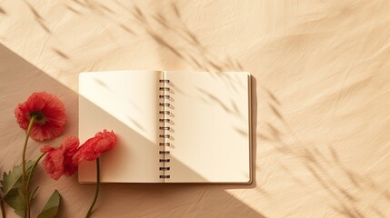 Blank notepad mockup red poppy abstract lifestyle sunlight shadows on beige background writer blog design