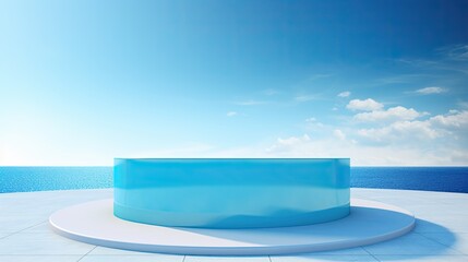 Fototapeta na wymiar Transparent podium in blue water background with empty space. Mockup image