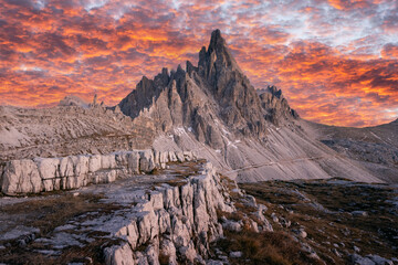 Incredible view of Monte Paterno Paternkofel in Tre Cime di Lavaredo National Park during sunset. Dolomite Alps mountains, Trentino Alto Adige region, Sudtirol, Dolomites, Italy