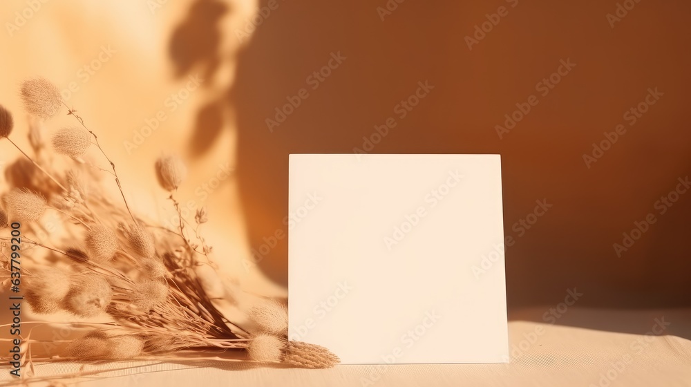 Aufkleber blank paper card with dried flower grass on tan background minimal invitation template . mockup imag