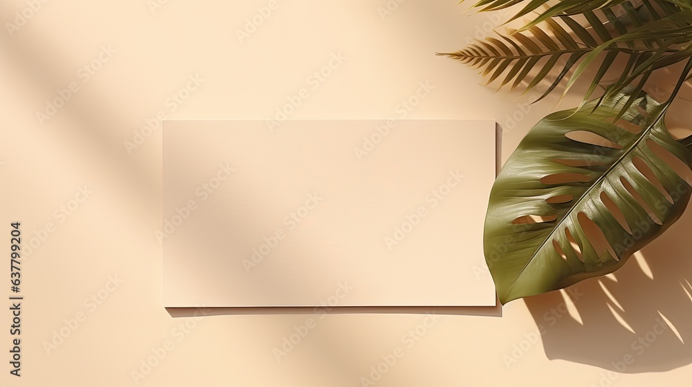 Poster Minimal brand template with blank paper and green leaves on beige background . Mockup image