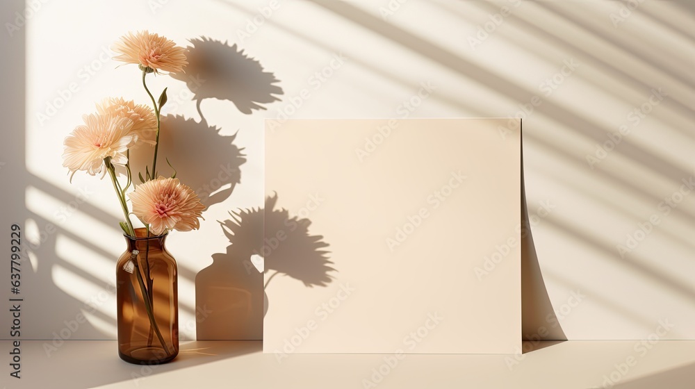 Aufkleber Empty card stock with placeholder text and vase with light shadow on white backdrop Simple corporate design template Overhead view. Mockup image