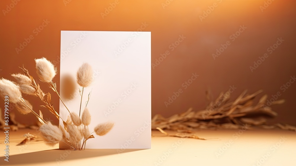 Poster background with blank mockup copy space and dried flower grass on tan paper card illuminated by soft
