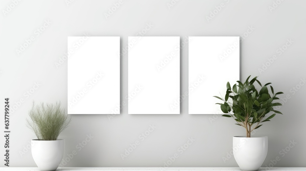 Aufkleber mockup of three frames with blank squares for artwork or print on white or gray wall with eucalyptus