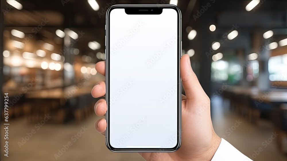 Poster a businessman holding a blank smartphone screen in a close up with a blurred background. mockup imag