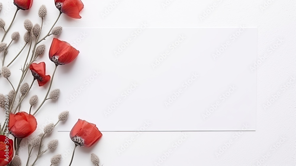 Poster Graphic design for branding and aesthetic logos using blank paper sheets and mockup copy space with dry poppy pods on a white background