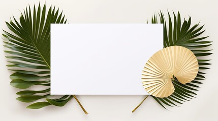 Top view of a simple business template with blank white paper gold stationery and a dry leaf on a white background. Mockup image