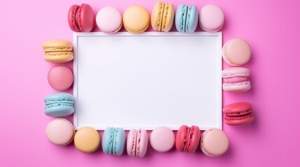 Colorful macaroons on pink background used as a template for holiday invitations anniversaries birthdays and other events . Mockup image