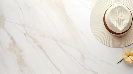 Minimalist home office desk workspace template with straw hat gold accessories and a blank mockup copy space on a marble table