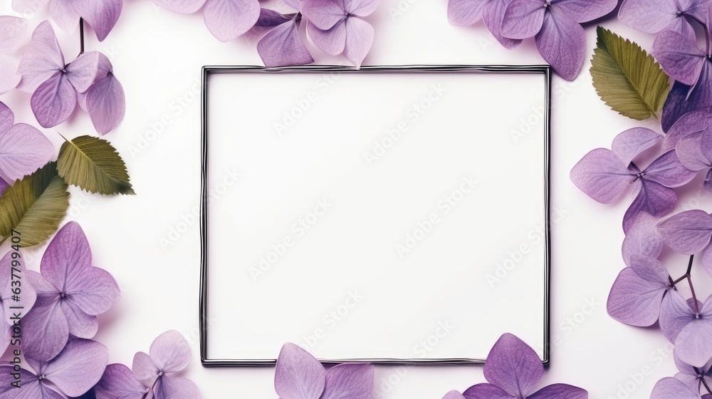 Poster Purple violet flowers and leaves create an elegant frame with space for mockup copy It s a top view template for branding blogs websites and social media