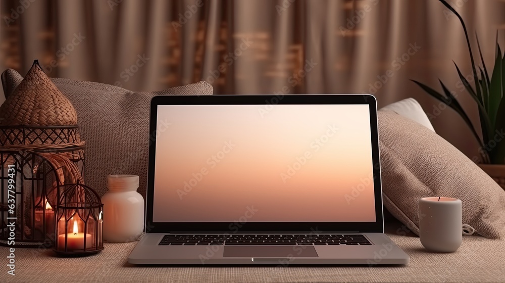 Poster aesthetic boho styled home interior design template featuring a laptop computer on a table illuminat