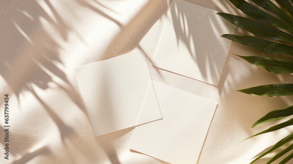 Aufkleber minimalist brand template with mockup copy space on blank cards sunlight shadow on fabric background