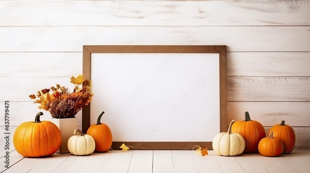 Poster boho style halloween decor with pumpkin mockup and empty space for copy