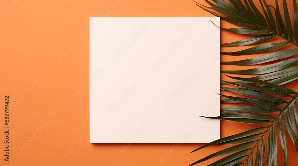 Poster minimal brand template with dried palm leaf on orange background featuring blank paper cards for moc