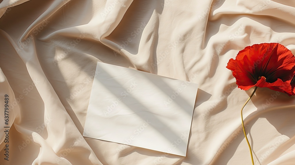 Poster flat lay template for minimal brand with blank paper cards poppy flower and sunlight shadow on crump