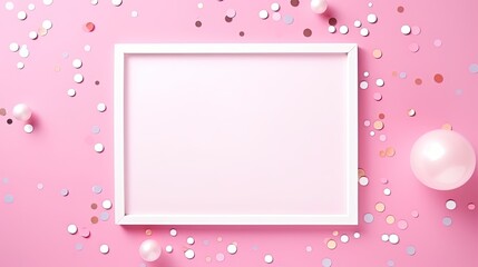 Colorful papers on a pink background frame a card for an invitation to a holiday party. Mockup image