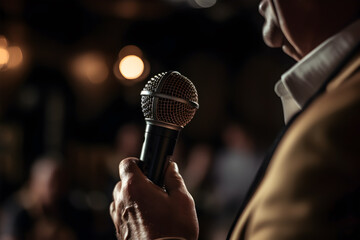 Motivational speaker with microphone performing on stage, closeup.
