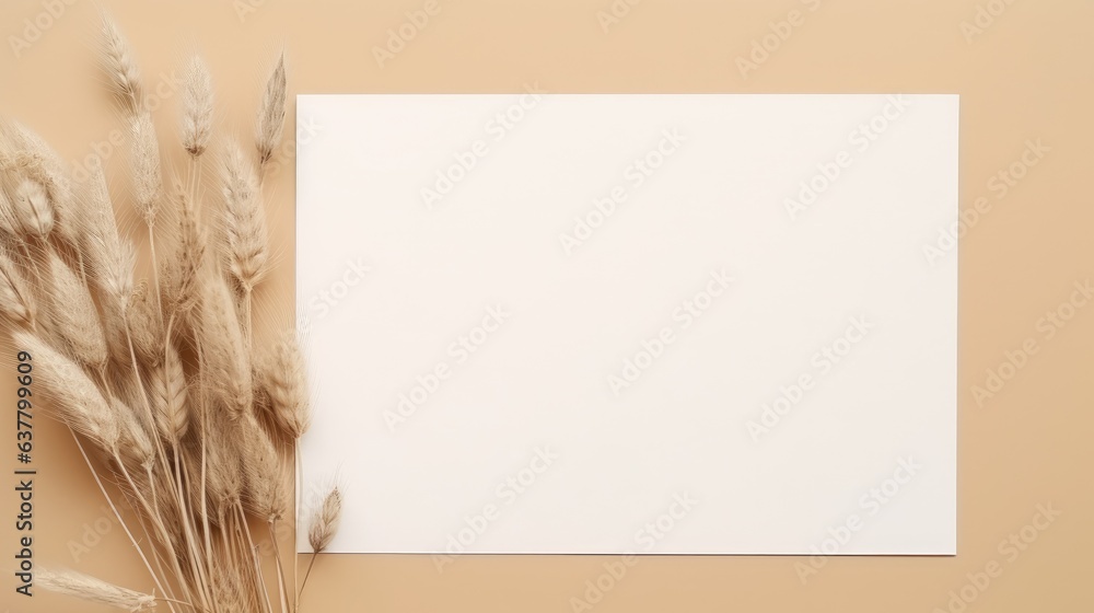 Poster Blank white paper with dried grass decoration beige background Invitation card mockup beige table Flat lay top view empty space mockup