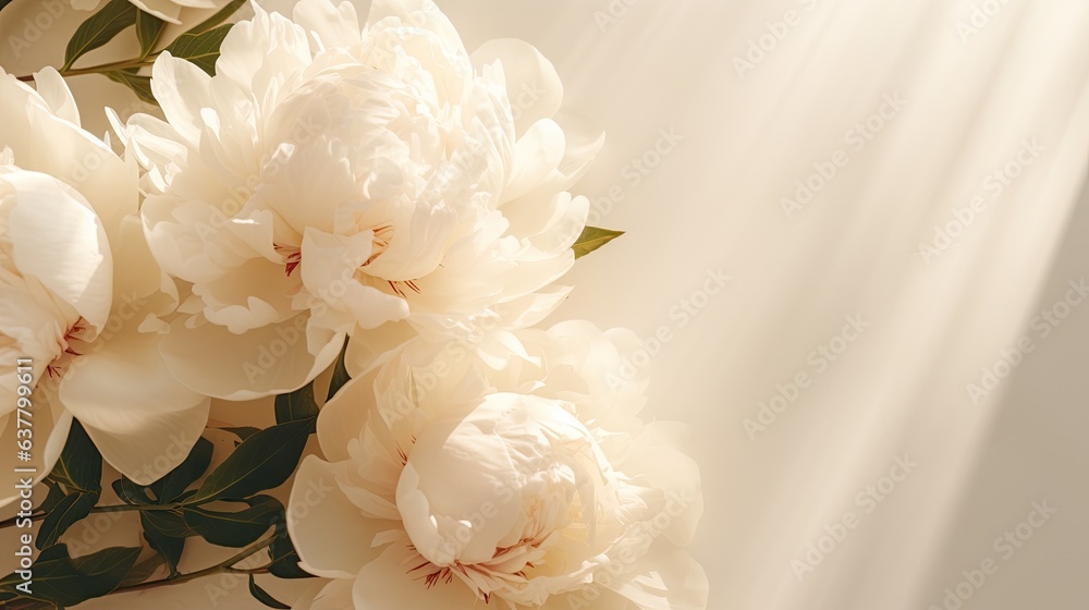 Poster top view of neutral beige background with flatlay arrangement of peonies incorporating copy space an
