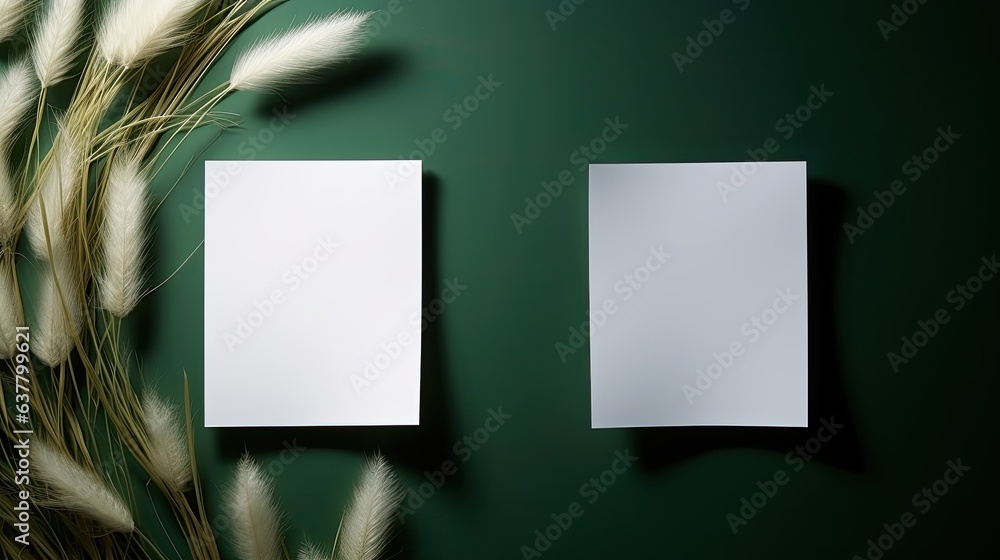 Poster Minimal brand template featuring blank cards with mockup space dry pampas grass and soft sunlight shadows on deep green backdrop creating an aesthetic flat lay