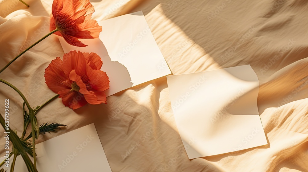 Poster flat lay top view of minimal business brand template featuring blank cards on crumpled golden fabric