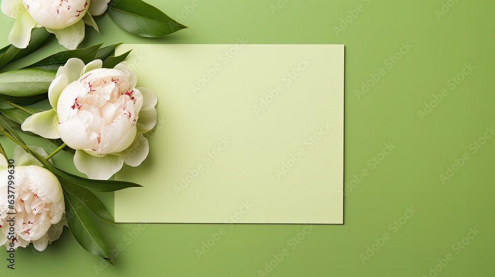 Poster stylish mock up with blank card peony flowers and copy space for greetings or invitations suitable f