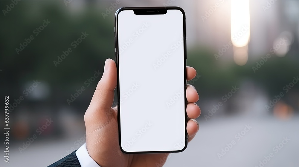 Aufkleber A businessman holding a blank smartphone screen in a close up with a blurred background. Mockup image