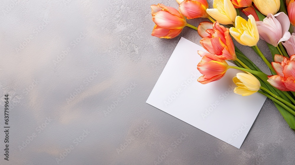 Poster mockup of a greeting card with flowers and envelope on a concrete background suitable for branding a