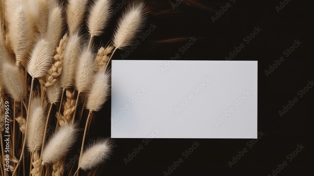 Poster flat lay minimal business brand template with blank paper cards and fluffy dried pampas grass in war