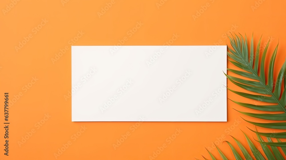 Poster blank mock up paper with dried palm leaf on orange background. mockup image