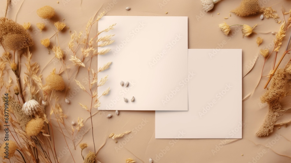 Poster top view of blank cards envelopes and dried flowers on textured beige background with copy space fla