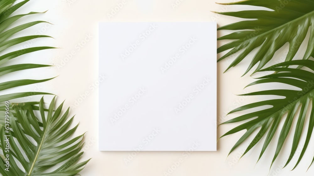 Poster palm leaf on table with square invitation card mockup