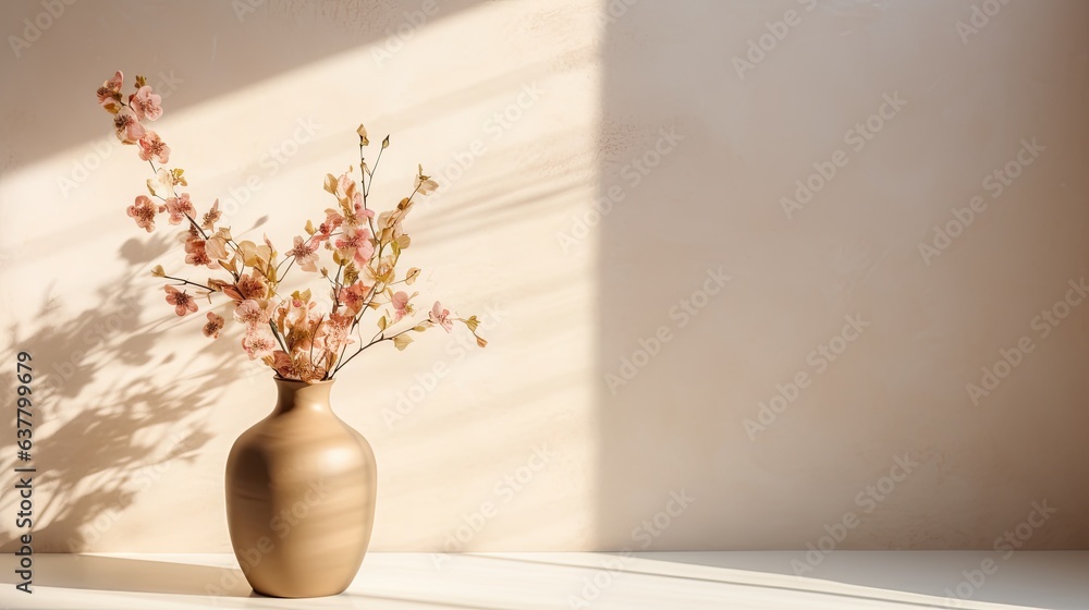 Poster flowers in a vase cast a shadow on a neutral background with light and space for interior design. mo