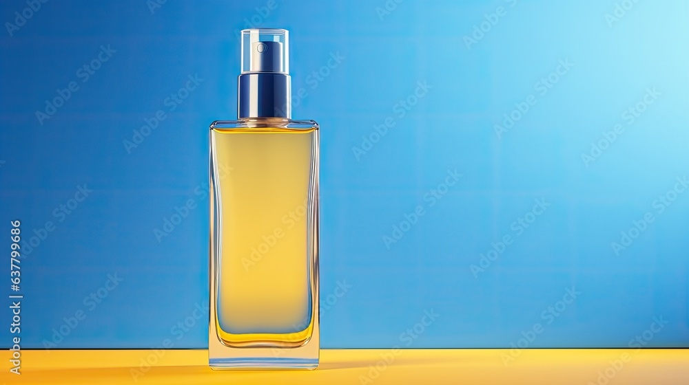 Poster front view mockup template of a blue rectangular spray perfume bottle on a yellow background with co