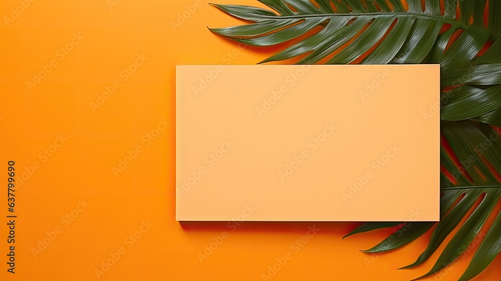Poster blank mock up paper with dried palm leaf on orange background. mockup image