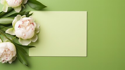 Obraz na płótnie Canvas Stylish mock up with blank card peony flowers and copy space for greetings or invitations Suitable for weddings birthdays or holidays. Mockup image