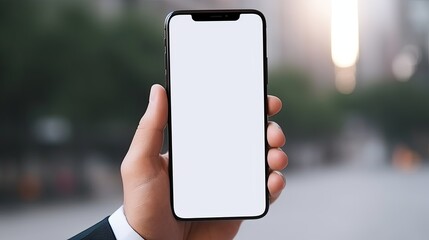 A businessman holding a blank smartphone screen in a close up with a blurred background. Mockup image