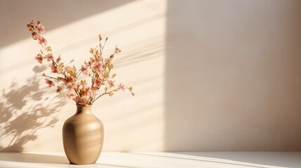 Flowers in a vase cast a shadow on a neutral background with light and space for interior design. Mockup image