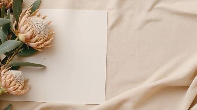 Neutral beige linen blanket with blank paper sheet card dried protea flower Minimal aesthetic business brand template Top view . Mockup image