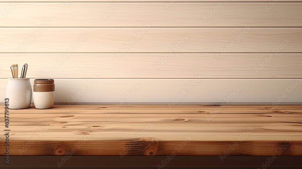 Poster front view of workspace with wooden desk table supplies and coffee mug featuring copy space. mockup 