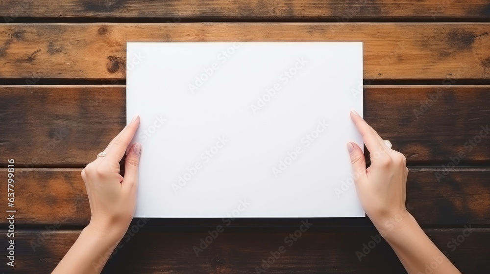 Poster a young woman s hands hold an empty sheet on a wooden table copy space available. mockup image