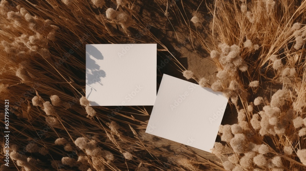 Aufkleber dried grass stems on dark background with blank paper sheet cards for business brand flat lay top vi
