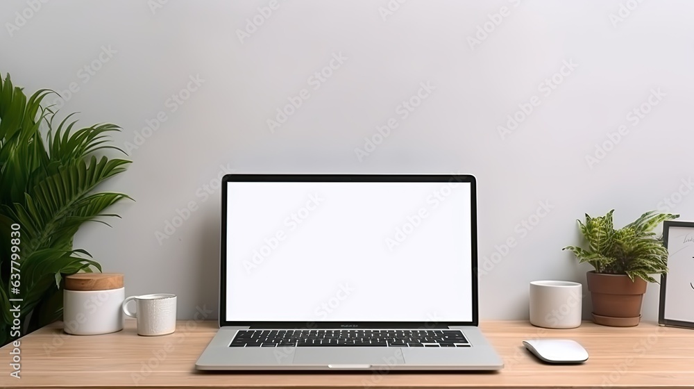Poster blank screen workspace with laptop on table. mockup image