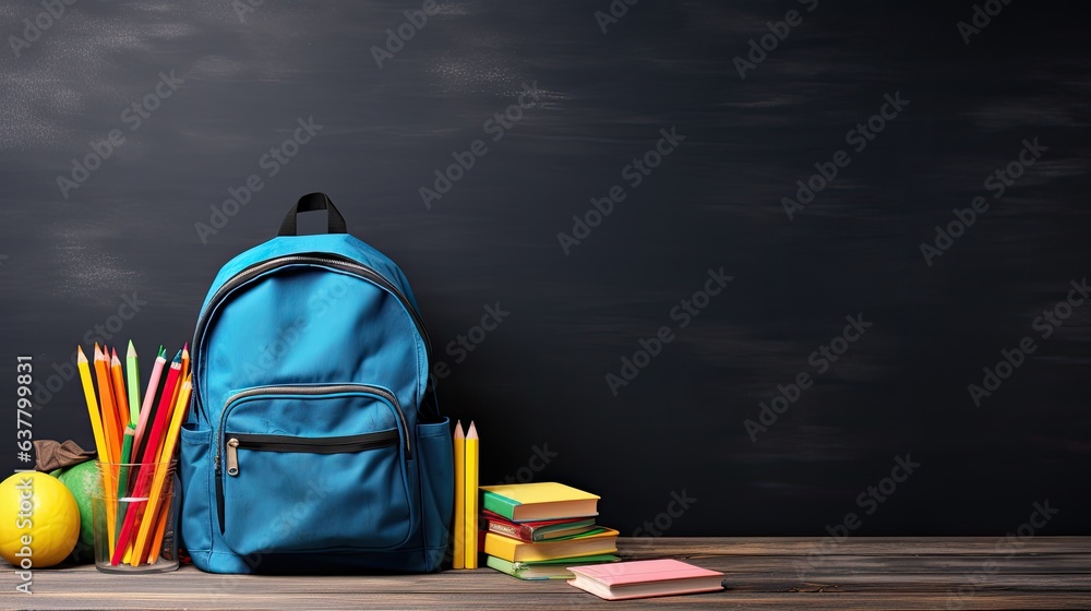 Aufkleber Mockup template featuring colorful crayons on a blackboard background along with a backpack books and shoes