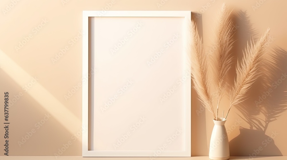 Aufkleber top view flat lay mockup with blank photo frame dried pampas grass and pastel background for logo or