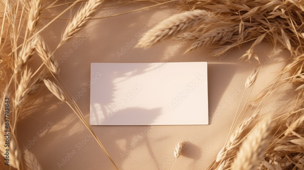 Aufkleber simple sophisticated business template empty card on white table with dried grass and sunlight patte