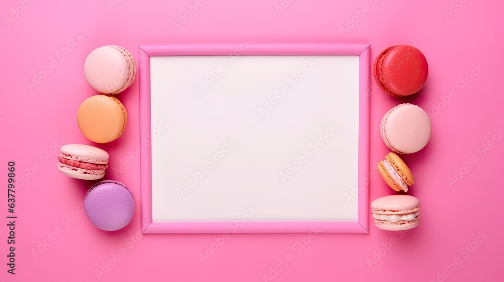 Aufkleber Colorful macaroons on a pink background used as a frame for a festive card. Mockup image